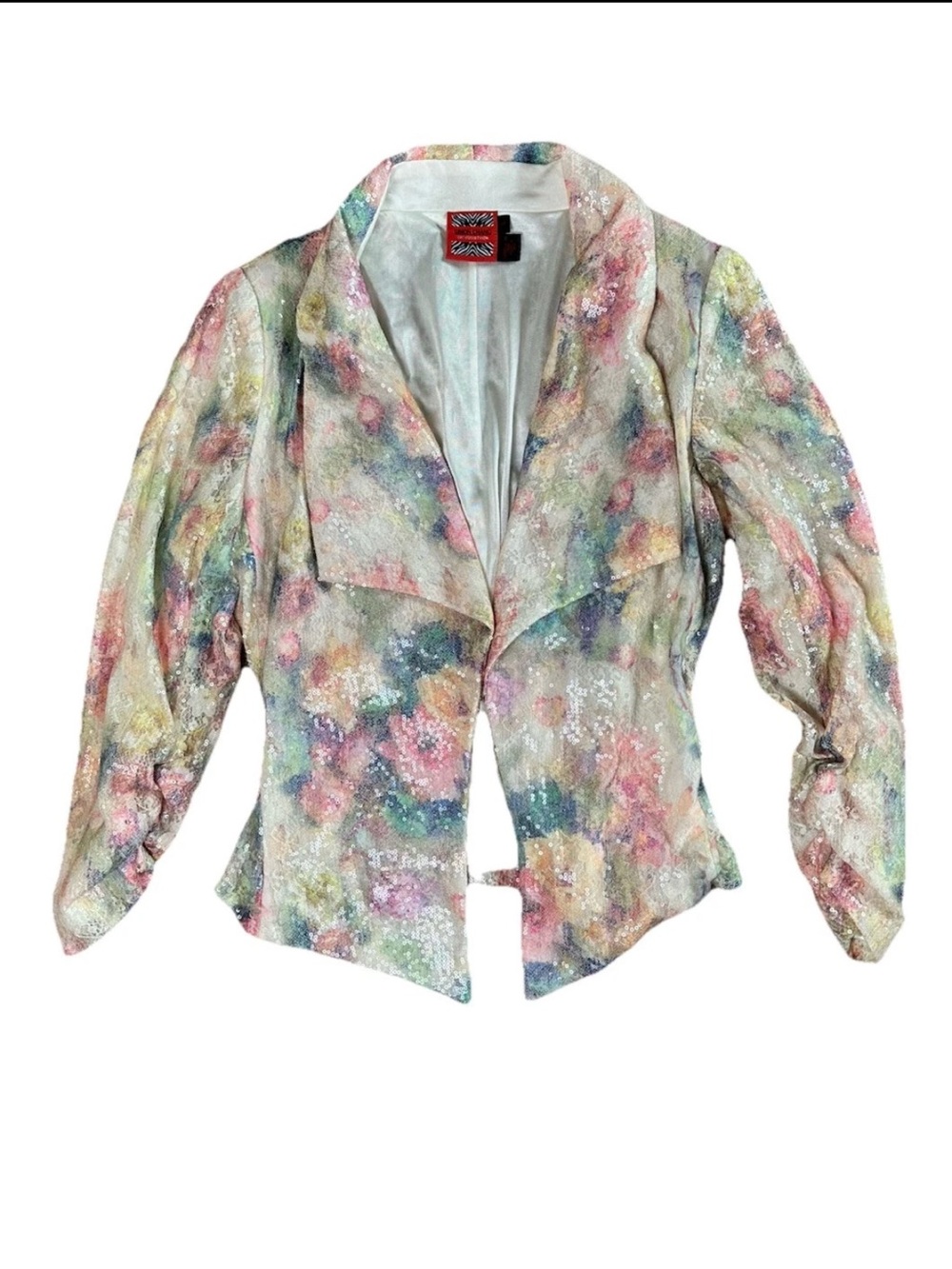 Simon Chang Sequin Blazer 2010 Summer Ruched Sleeves S Glam City Party Floral - Picture 3 of 8